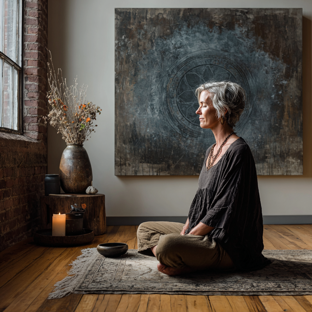 serene meditation space with mature practitioner in peaceful environment